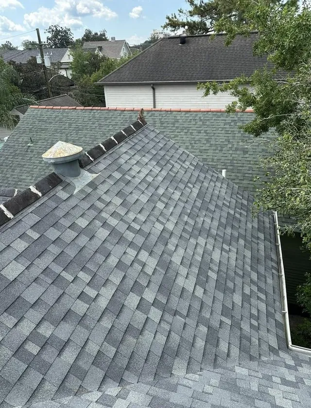 Gray shingle roof of a house with a chimney and part of a green roof visible.